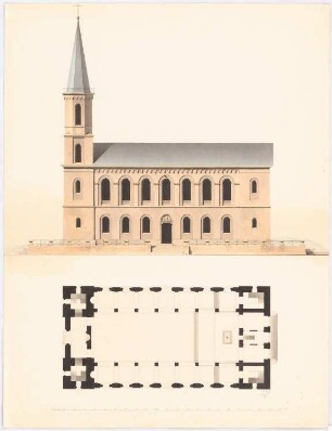 Kirche mit zwei Türmen: Seitenansicht, Grundriss