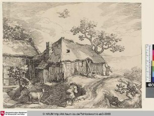 [Bauernhaus mit zwei Männern und einer Ziege, Ganymed auf dem Adler im Himmel; Farmhouses with Ganymede]