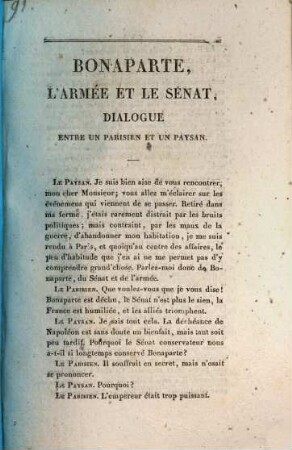 Bonaparte, L'Armée Et Le Sénat, Dialogue : Entre un Parisien et un Paysan