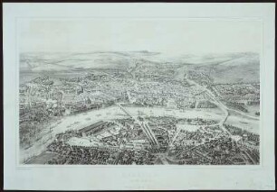 Dresden vom Ballon gesehen, Lithographie, 1852 : Eltzner, Adolf: Dresden vom Ballon gesehen. H. Walter lith. d´après Eltzner. Dresden: Arnold (1852). 60 x 36 cm (Lithogr., zweifarb.)