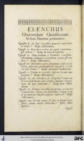 Elenchus Quarundam Quaestionum Ad hanc Materiam pertinentium.