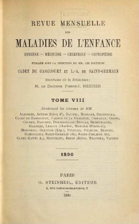 Revue mensuelle des maladies de l'enfance : hygiène, médecine, chirurgie, orthopédie. 8. 1890