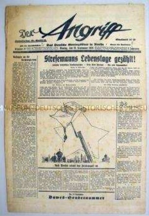 Berliner NS-Wochenzeitung "Der Angriff" u.a. zum Gesundheitszustand von Gustav Stresemann