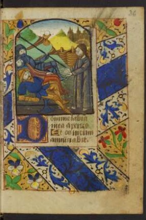Vollbordürenseite mit Miniatur (Gebet Christi am Ölberg), Initiale D und Streumusterbordüre