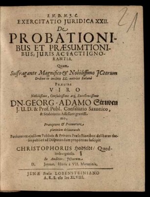Exercitatio Iuridica XXII. De Probationibus Et Praesumtionibus; Iuris Ac Facti Ignorantia