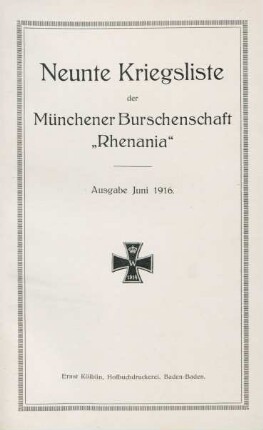 9.1916: Kriegsliste der Münchener Burschenschaft Rhenania