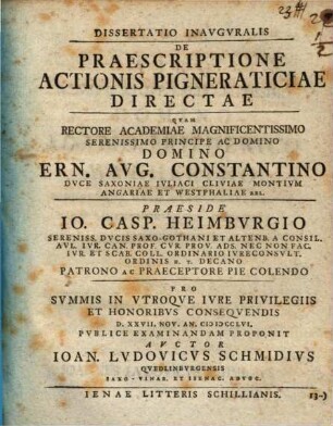 Dissertatio Inavgvralis De Praescriptione Actionis Pigneraticiae Directae