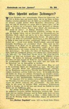 Sonderdruck mit einem Artikel aus der NS-Zeitschrift "Hammer" über das Pressewesen