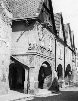Auscha, Wohnhäuser : Auscha (Úštěk/Tschechische Republik) bei Leitmeritz. Wohnhäuser am Marktplatz