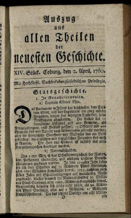 XIV. Stück. Coburg, den 2. April, 1760.
