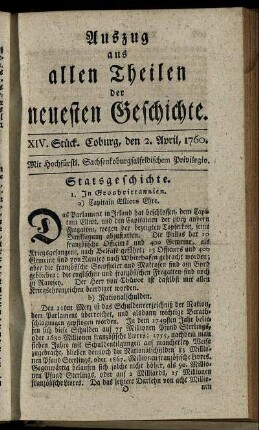XIV. Stück. Coburg, den 2. April, 1760.