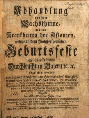 Abhandlung von dem Wachsthume, und den Krankheiten der Pflanzen