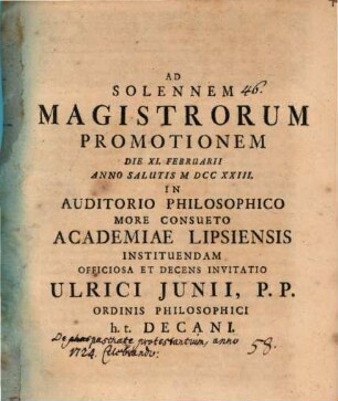 Ad solennem magistrorum promotionem d. XI. Febr. ... instituendam ... invitatio : (Inest diss. de protestantium paschate a. 1724 celebrando)