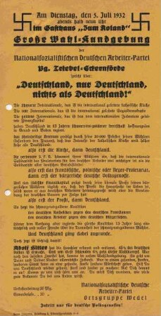 Aufruf zur Wahlkundgebung der Nationalsozialistischen Deutschen Arbeiter-Partei, Ortsgruppe Wedel