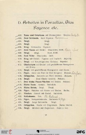 D. Arbeiten in Porzellan, Glas, Fayence etc. (Nr. 402-537)