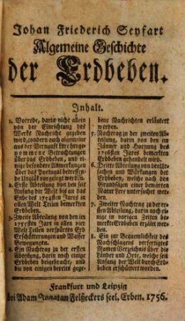 Johan Friederich Seyfart Algemeine Geschichte der Erdbeben