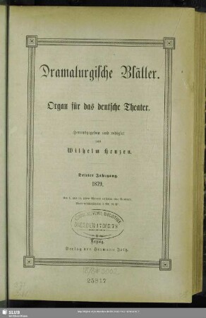 3.1879: Dramaturgische Blätter : Organ für das deutsche Theater