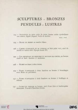 Sculptures – Bronzes – Pendules – Lustres (Nr. 124-140)