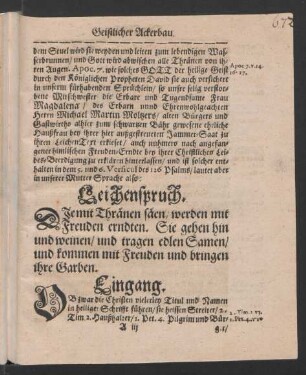 Leichenspruch. [...] ist solcher enthalten in dem 5. und 6. Versicul des 126 Psalms/ lautet aber in unserer Mutter Sprache also: