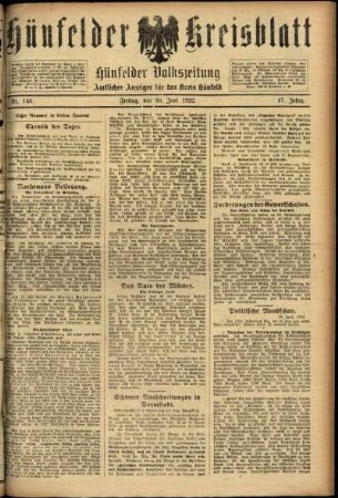 Ausgabe vom Freitag, den 30. Juni 1922.
