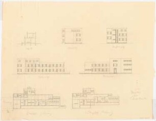 Krankenhaus: Pavillon für Lungenkranke: Grundrisse Erdgeschoss, 1. Obergeschoss, Ansichten, Schnitte 1:200