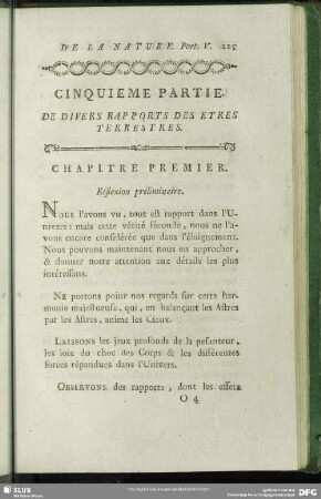 Cinquieme Partie. De Divers Rapports des Etres Terrestres