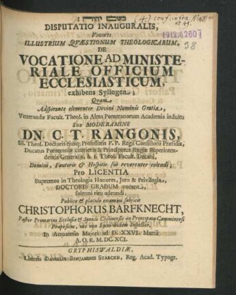 Disputatio Inauguralis, Viginti Illustrium Quaestionum Theologicarum, De Vocatione Ad Ministeriale Officium Ecclesiasticum, exhibens Syllogen