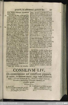 Consilium LIV. De renunciatione vel remissione pignoris, ab uxore, in favorem mariti, erga hujus creditores facta; [...]