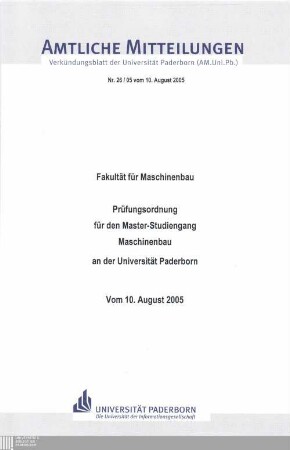 Prüfungsordnung für den Master-Studiengang Maschinenbau an der Universität Paderborn : vom 10. August 2005