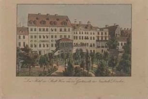 Ansicht des Hotels "Stadt Wien" in Dresden Neustadt, Umrißradierung, um 1820 : Das Hotel zur Stadt Wien von der Gartenseite in Neustadt Dresden. - [S.l.] , [um 1820]. - 1 Kunstbl. : aquarellierte Umrissradierung ; 15 x 10 cm