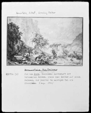 Heroische Landschaft mit bebuschten Felsen. Links zwei Reiter auf einem Felsweg, zur Rechten im waldigen Tal ein Kirchlein