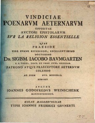 Vindiciae poenarum aeternarum, oppositae auctori epistolarum sur la réligion essentielle