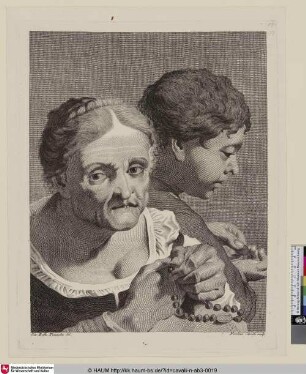 Portrait einer alten Frau im Dreiviertelprofil eine Gebetsschnur in den Händen haltend im Vordergrund; Portrait eines Jünglings im Profil eine Münze oder Kugel in den Händen haltend.