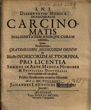 Dissertatio Medica Inauguralis Carcinomatis Malignitatem Ejusqve [Eiusque] Curam exhibens