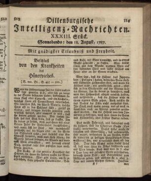 XXXIII. Stück. Sonnabends: den 18. August, 1787.