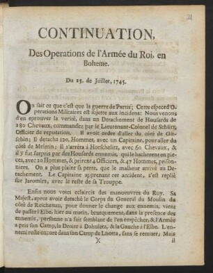 Continuation, Des Operations de l'Armée du Roi, en Boheme. Du 25. de Juillet, 1745