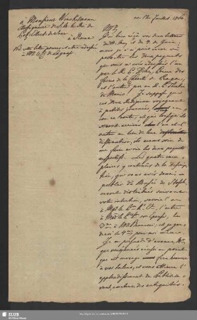 Mscr.Dresd.App.3140,5. - Konzept des Antwortbriefes von Graf Wackerbarth-Salmour an Johann Joachim Winckelmann, [München], 12.07.1760