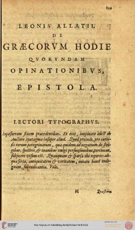 Leonis Allatii, De graecorvm hodie qvorvndam opinationibvs, epistola