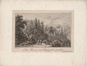 Die Burgruine und die Klosterruine auf dem Berg Oybin im Zittauer Gebirge vom Schießplatz aus, aus Carl Peschecks "Oybin bei Zittau in 12 Ansichten ..." (erweiterte Auflage?)