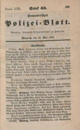 18. Mai-31. December = Stück 43-123 [incl. Vagabonden-Verzeichniß]