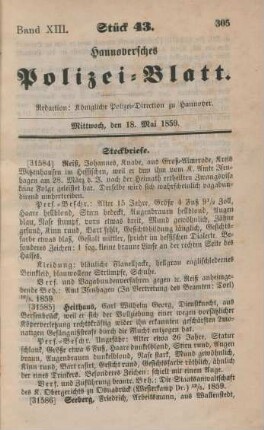 18. Mai-31. December = Stück 43-123 [incl. Vagabonden-Verzeichniß]