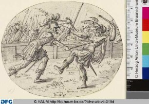 Sechs Zeichnungen zur römischen Geschichte: a) Kampf der Horatier gegen die Curiatier; b) Marcus Curtius; c) Horatius Cocles; d) Marcus Valerius; e) Mucius Scaevola; f) Titus Manlius