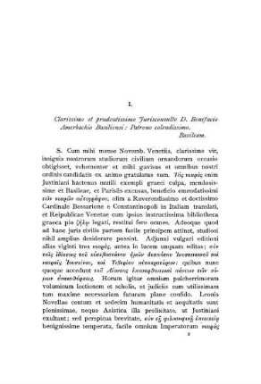 I. Clarissimo et prudentissimo Jurisconsulto D. Bonifacio Amerbachio Basiliensi: Patrono colendissimo. Basileam.