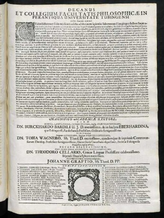 Decanus Et Collegium Facultatis Philosophicae In Perantiqua Universitate Tubingensi, Lectori Benevolo Salutem!