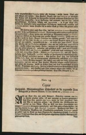 Num 24. Copia Hertzoglich-Würtembergischen Schreibens an die regierende Frau Marggräfin zu Baaden-Baaden / de dato Urach den 9. Octobis 1723