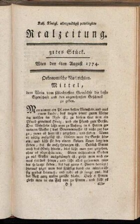 31tes Stück. Wien den 6ten August 1774.