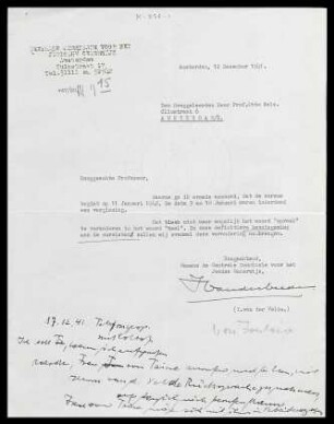 [Brief von I. van der Velde an Otto Selz vom 12. Dezember 1941]