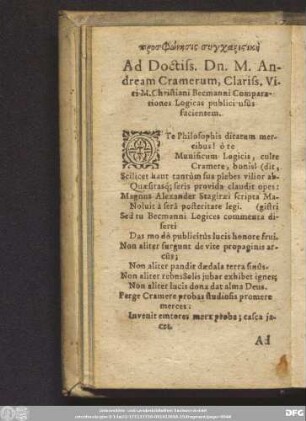Ad Doctiss. Dn. M. Andream Cramerum, Clariss. Viri M. Christiani Becmanni Comparationes Logicas publici usûs facientem.