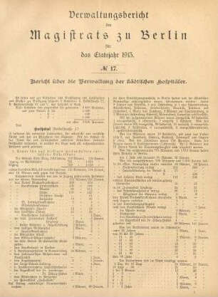 No. 17. Bericht über die Verwaltung der städtischen Hospitäler
