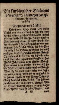 Ein kurtzweiliger Dialogus oder gesprech/ von zweyen Landßknechten/ kurtzweilig zu lesen.